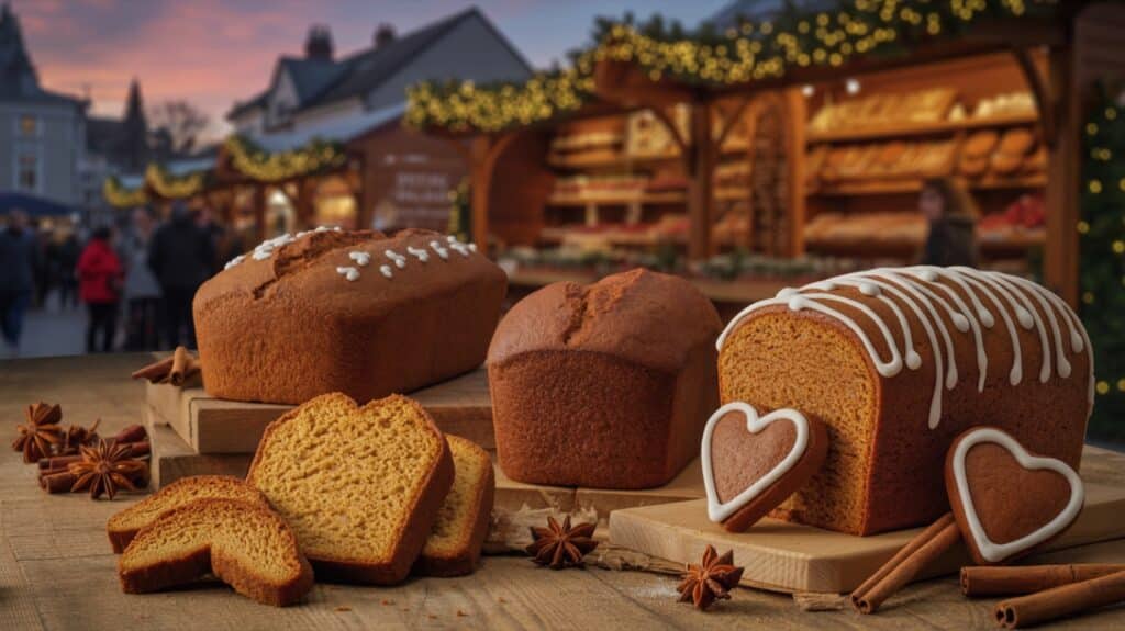 Pain d'épices artisanal sur un étal de marché de Noël