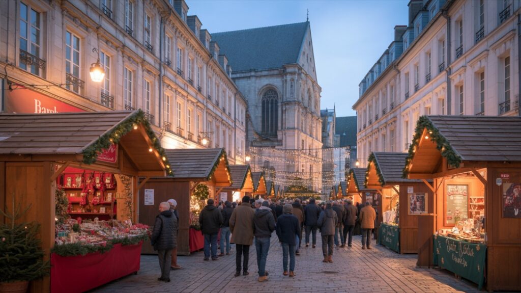 Marché de Noël de Bar-le-Duc, chalets illuminés en soirée