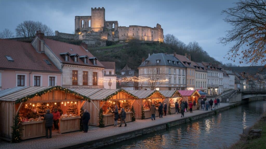 Marché de Noël de Château-Thierry, chalets illuminés en soirée
