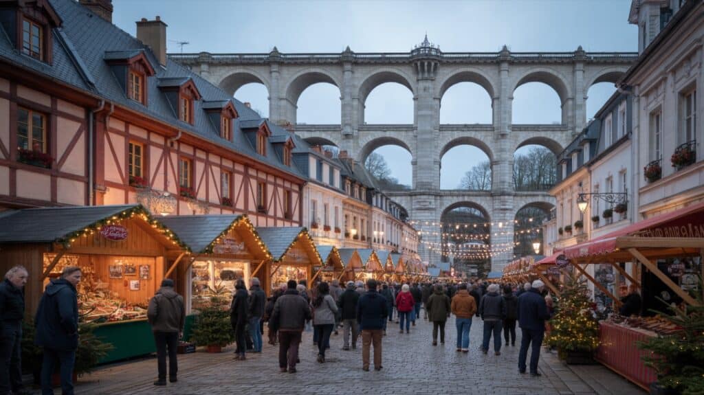 Marché de Noël de Chaumont, chalets illuminés en soirée