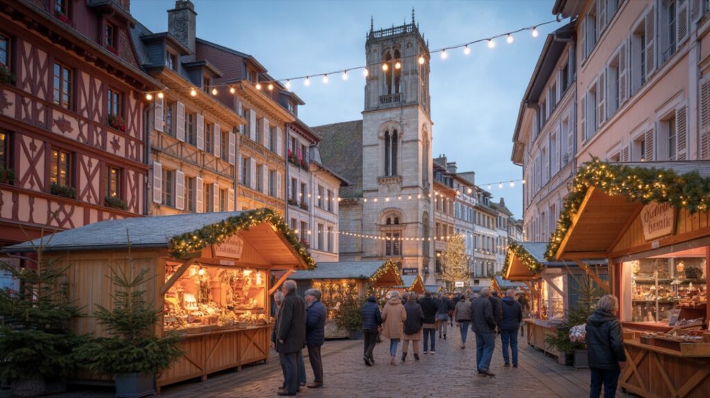 Marché de Noël de Dreux, chalets illuminés en soirée