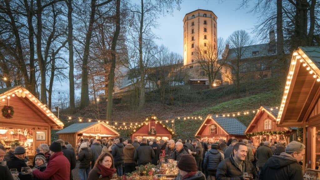 Marché de Noël de Forbach, chalets illuminés en soirée