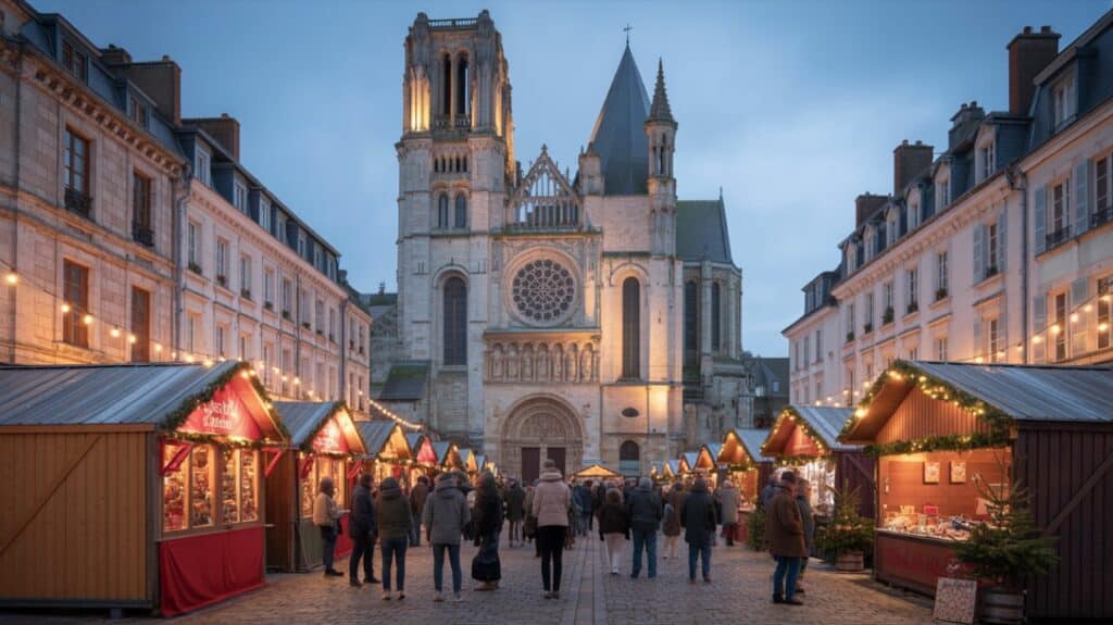 Marché de Noël de Laon, chalets illuminés en soirée
