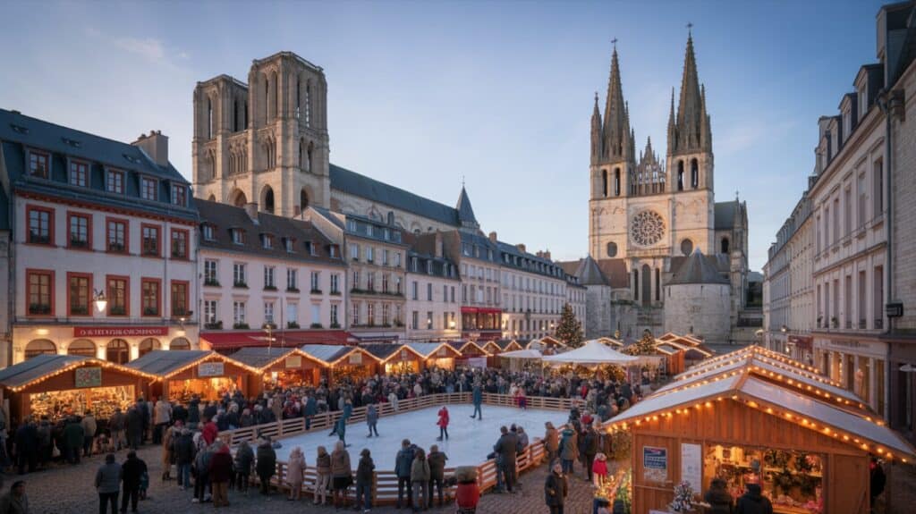 Marché de Noël de Soissons, chalets illuminés en soirée