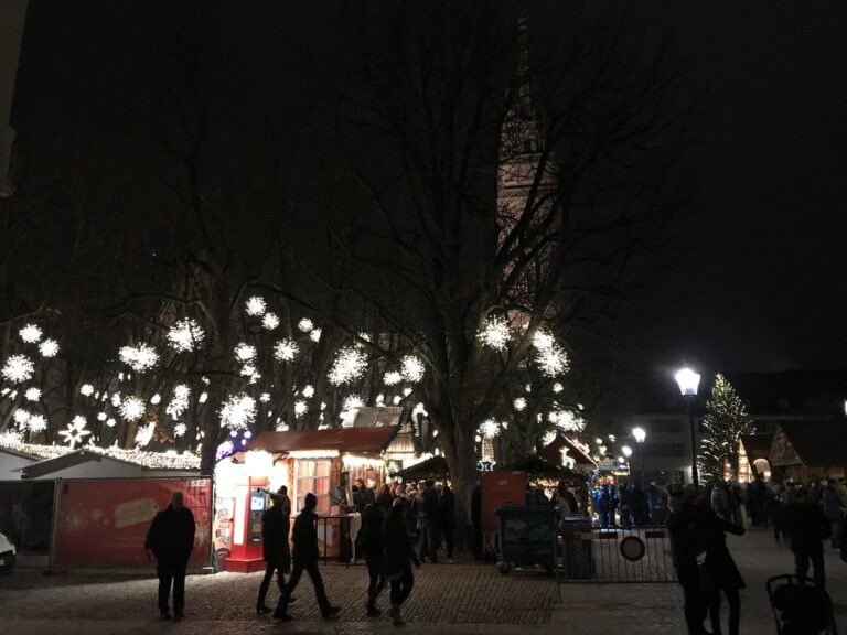 Chalets éclairés et étoiles lumineuses suspendues dans les arbres d’une place du marché de Noël de Bâle, la nuit