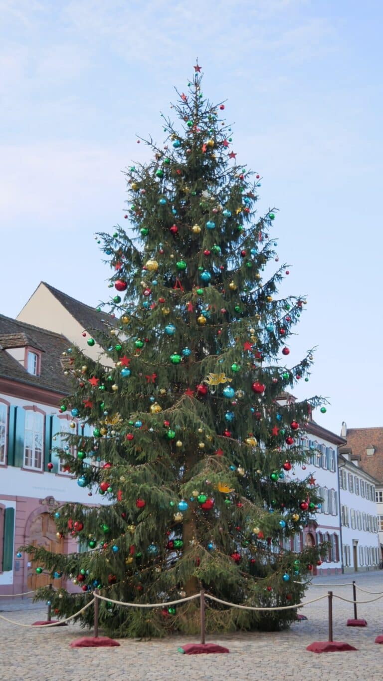 Grand sapin de Noël décoré de boules colorées sur le Münsterplatz de Bâle