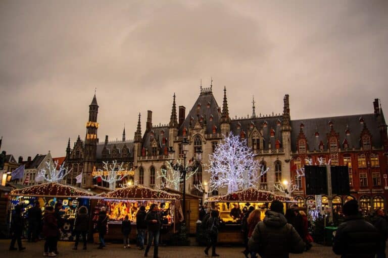 Les chalets illuminés du marché de Noël devant le Provinciaal Hof, sous des arbres lumineux, à la tombée du jour