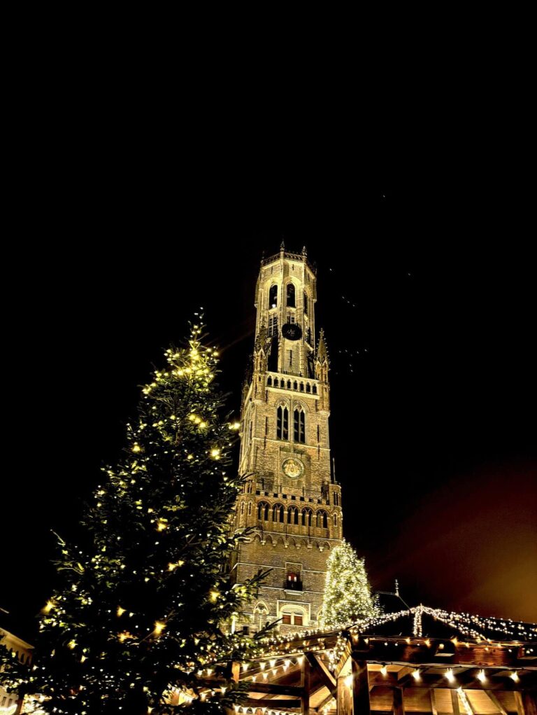 Le beffroi de Bruges éclairé dans la nuit, à côté du grand sapin illuminé du Markt
