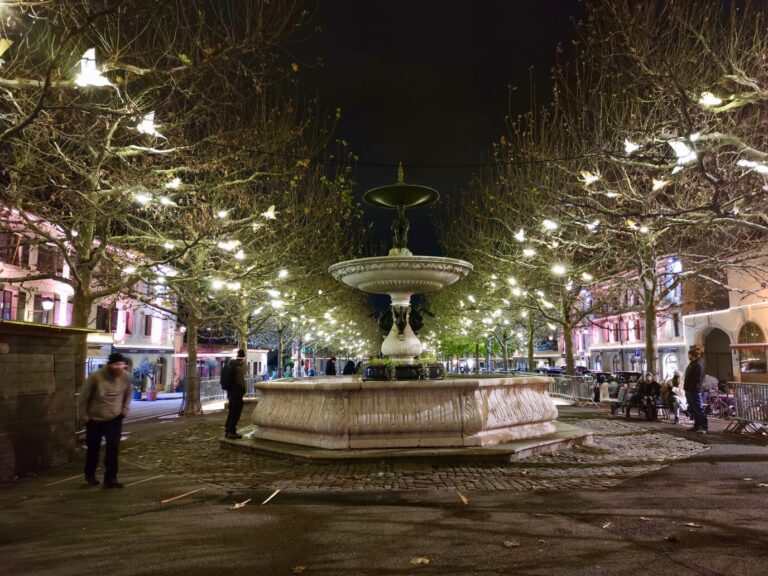 Fontaine de la place du Marché de Carouge entourée d’arbres décorés de lumières, un soir de décembre