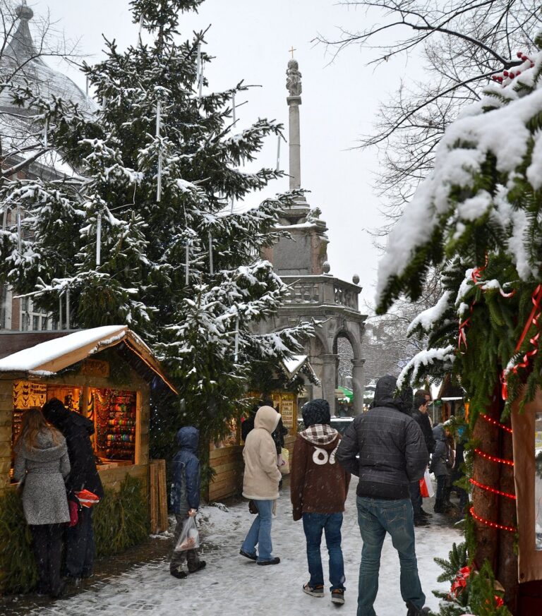 Chalets enneigés du village de Noël sur la place du Marché, avec le Perron de Liège et un sapin couvert de neige