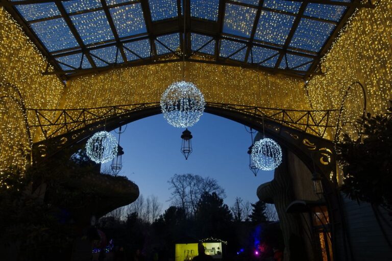 Une verrière couverte de guirlandes dorées et de boules lumineuses suspendues, au crépuscule
