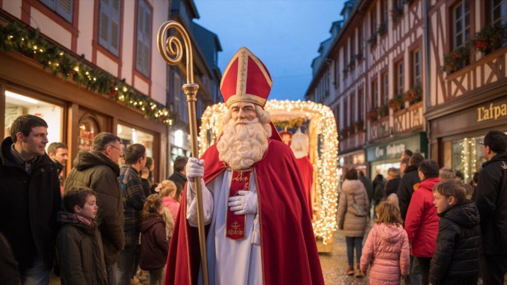 Saint Nicolas en tête du cortège, crosse en main, dans une ville de l’Est.