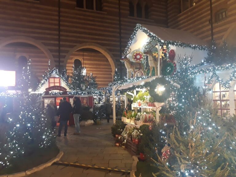 Chalets blancs garnis de sapins lumineux et de rennes décoratifs sur la piazza dei Signori, la nuit