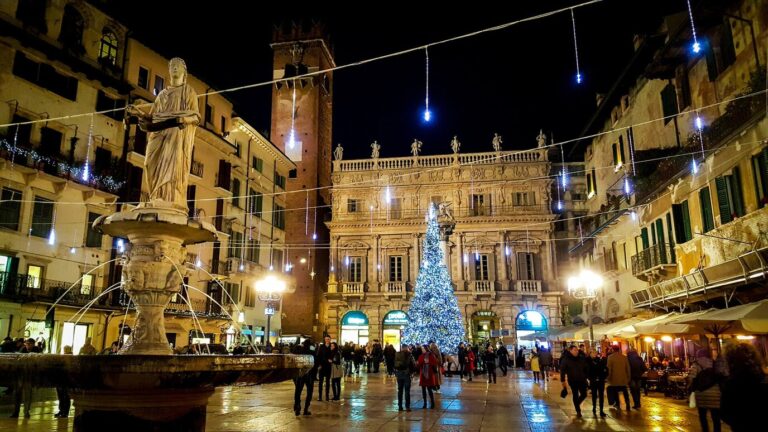 Sapin illuminé, fontaine de la Madonna Verona et guirlandes lumineuses sur la piazza delle Erbe, la nuit