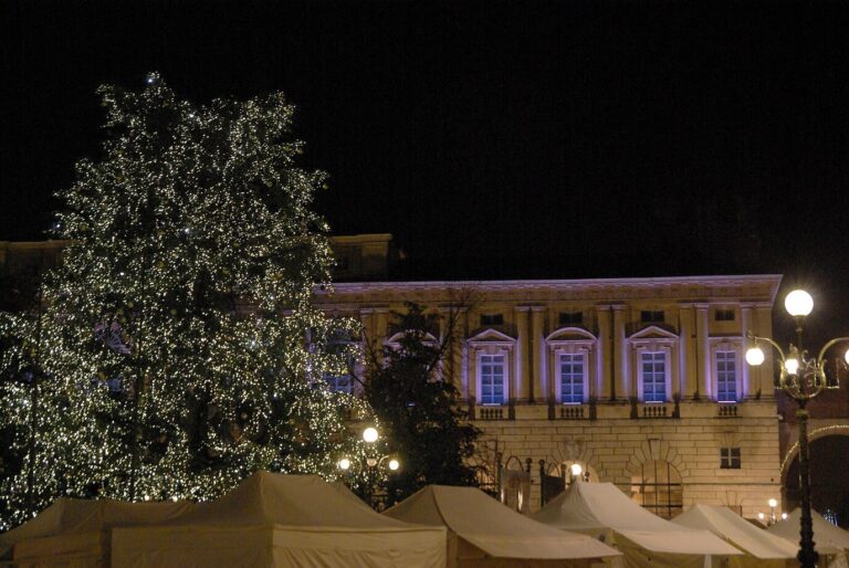 Grand sapin illuminé et tentes du marché devant le palais de la Gran Guardia, piazza Bra, la nuit
