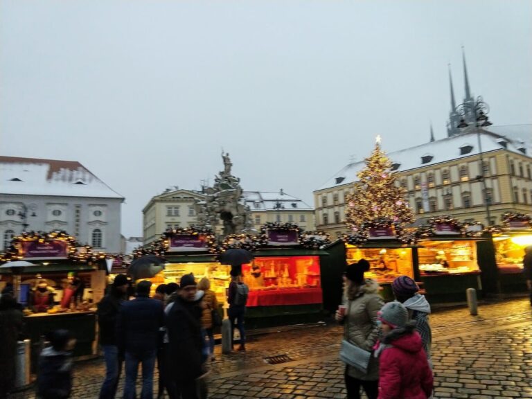 Les chalets illuminés du marché de Noël du Zelný trh à Brno, le sapin, la fontaine du Parnasse et les flèches de la cathédrale, un après-midi de décembre