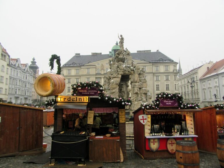 Chalets du marché de Noël du Zelný trh à Brno au pied de la fontaine baroque du Parnasse