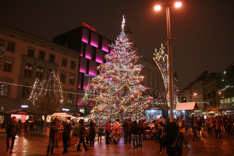 Le grand sapin illuminé du marché de Noël de la place Svobody à Brno, entouré de visiteurs, de nuit