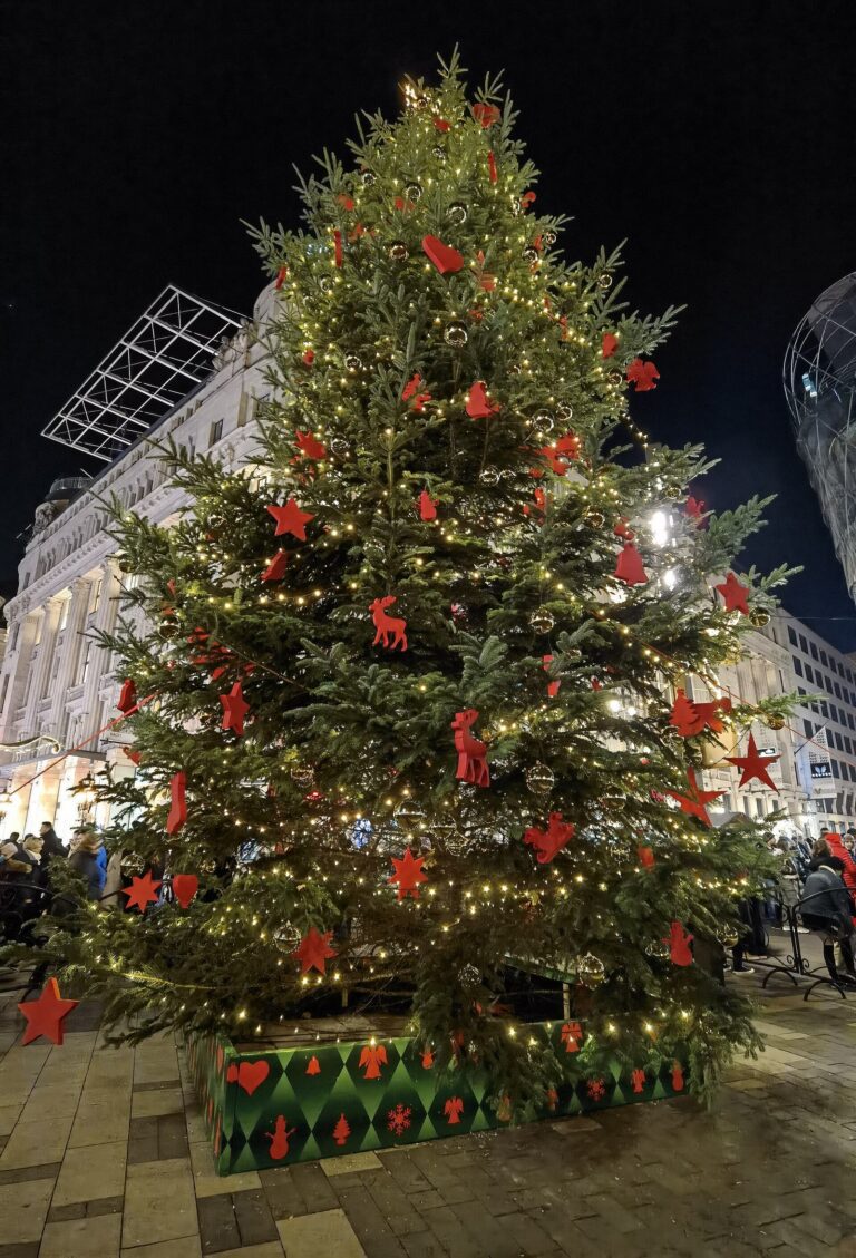 Le grand sapin de Noël de la place Vörösmarty à Budapest, orné de boules et de rubans rouges, devant les façades de la place
