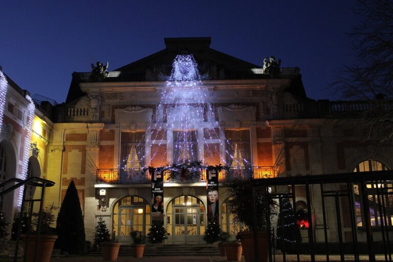 La façade du théâtre municipal de Fontainebleau habillée d’un rideau de guirlandes blanches, la nuit, avec de petits sapins devant l’entrée