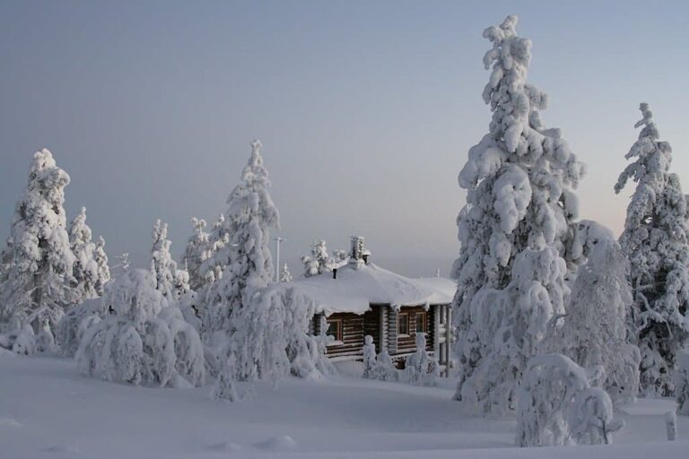 Un chalet de rondins presque enfoui sous la neige, entouré de sapins couverts de givre, à Levi
