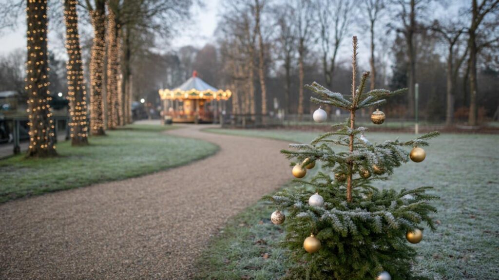 Allée de parc givrée, arbres illuminés et manège au crépuscule (scène générique, aucun parc réel)