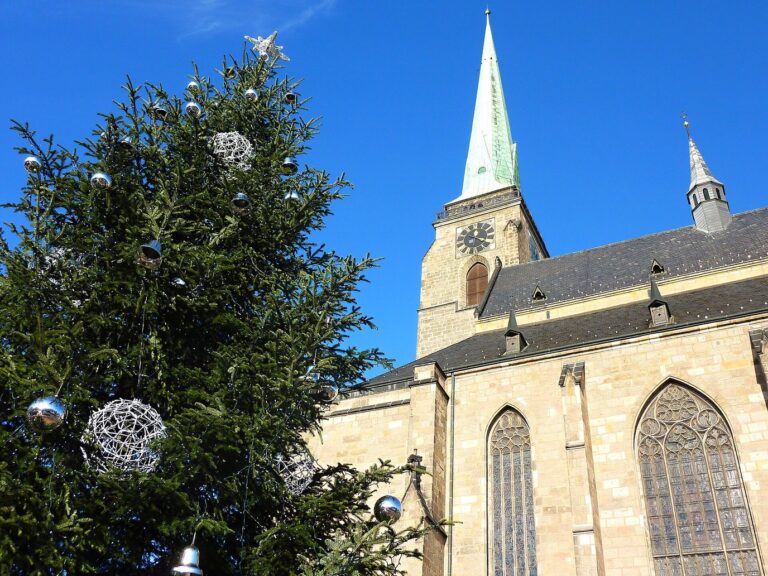 Le grand sapin de Noël décoré de boules argentées devant la cathédrale Saint-Barthélemy, sous un ciel bleu de décembre