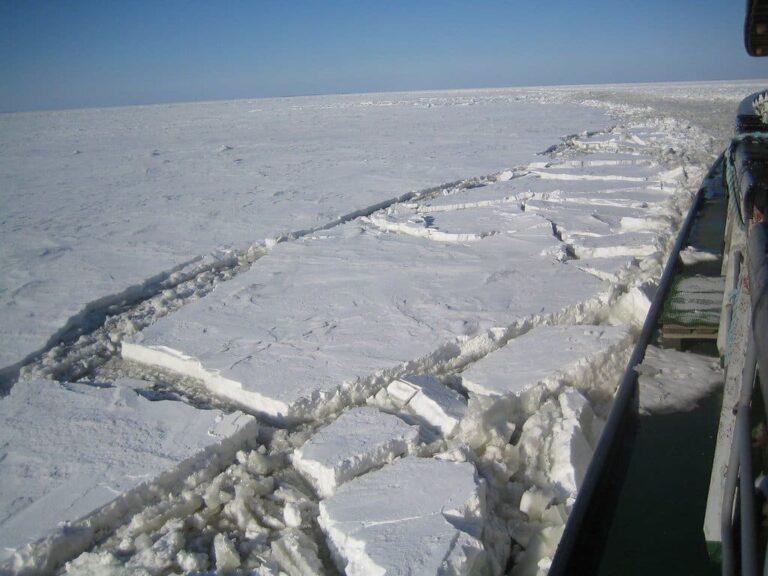 Des plaques de glace brisées par la coque du brise-glace, sur la mer gelée