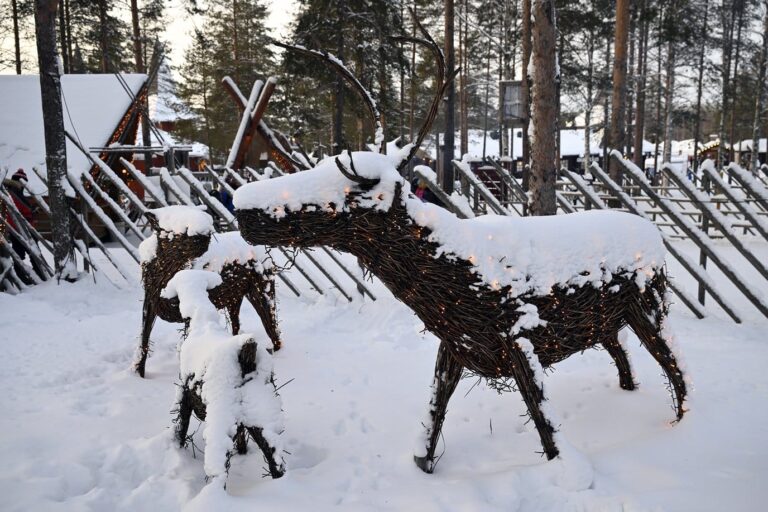Des rennes en osier coiffés de neige devant les clôtures de bois du village