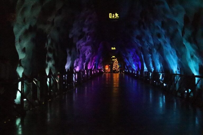 La grande galerie souterraine de SantaPark, éclairée de bleu et de violet, avec un sapin illuminé au fond