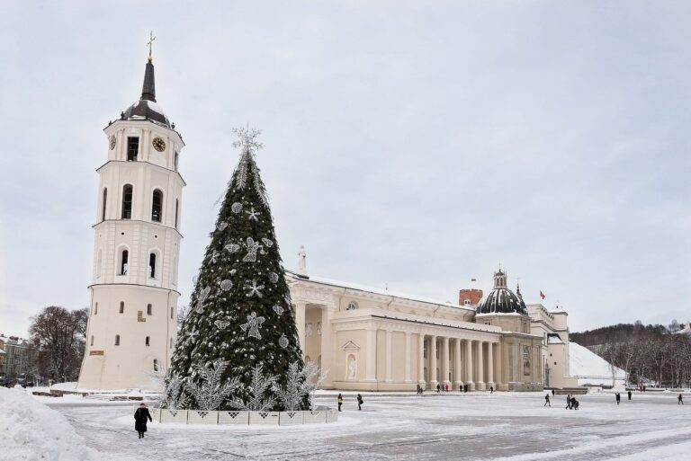 Le campanile de Vilnius et le sapin de Noël devant la cathédrale, en plein jour sous la neige
