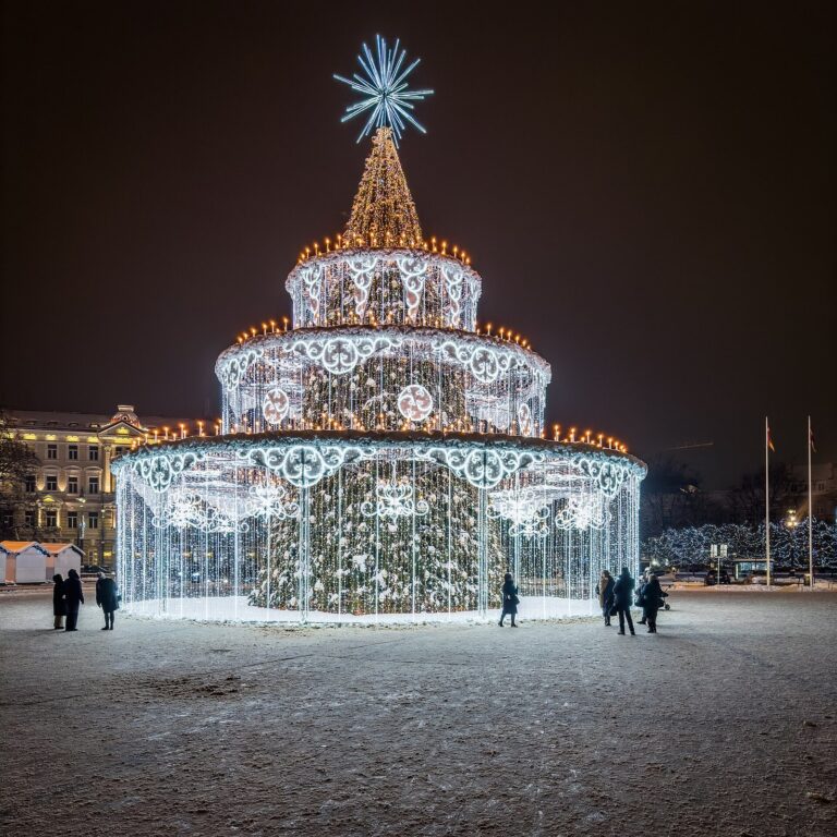 Le sapin de Noël lumineux à étages de la place de la Cathédrale de Vilnius, de nuit, sur la place enneigée