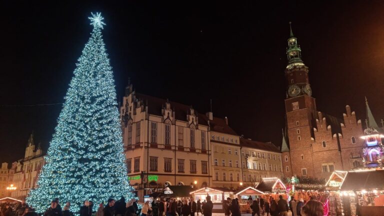 Le grand sapin illuminé du Rynek de Wrocław devant l’hôtel de ville, au-dessus des chalets du marché de Noël